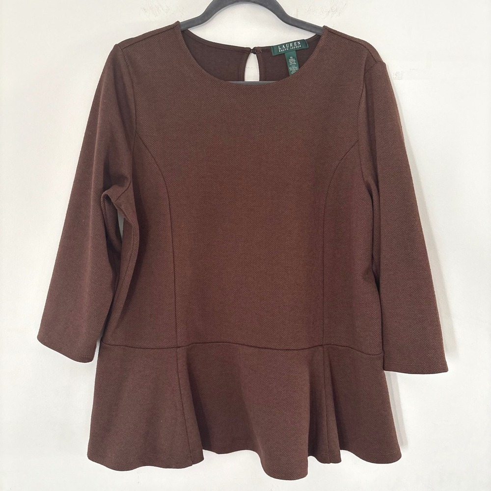 Lauren Ralph Lauren Brown Herringbone Peplum Top 1X Work Office Career Old Money